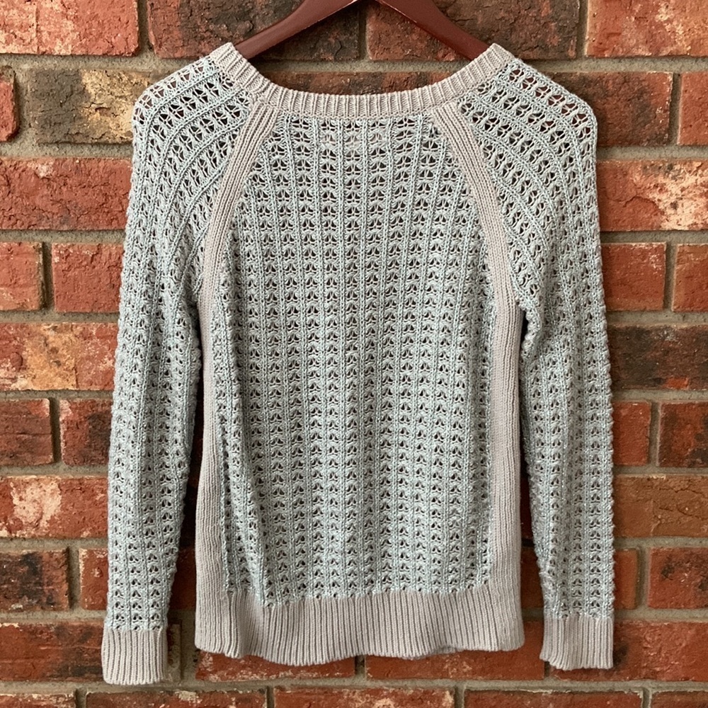 LOFT Silver & Tan Long Sleeve Open Knit Sweater - Picture 5 of 6